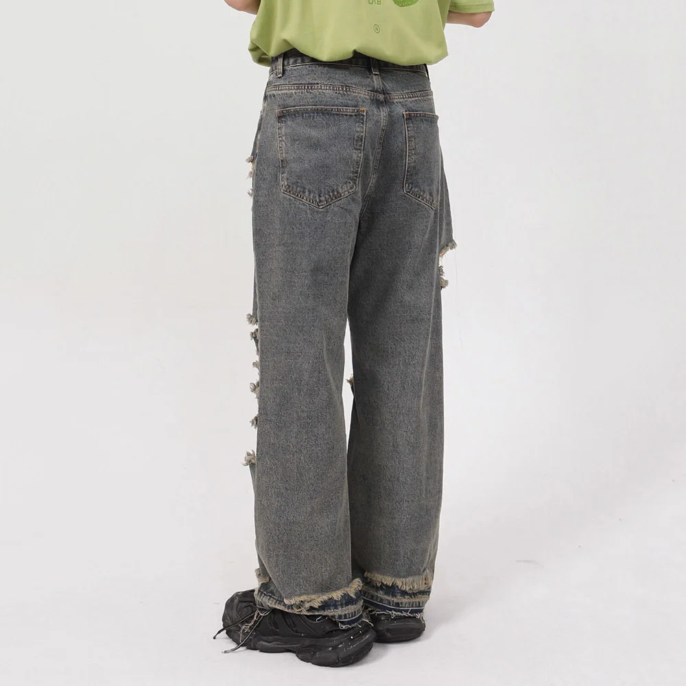 Men's Summer Casual Jeans Men's New Korean Style Fashion Personality Straight Hole Men's Trousers Retro Trousers INS Hot Sale