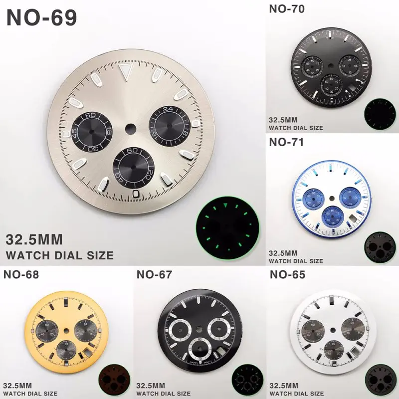 Modified Watch Accessories 32.5mm Chronograph Function Green Luminous VK63 Six-pin Dial with Hand  Fits for VK63 Movement