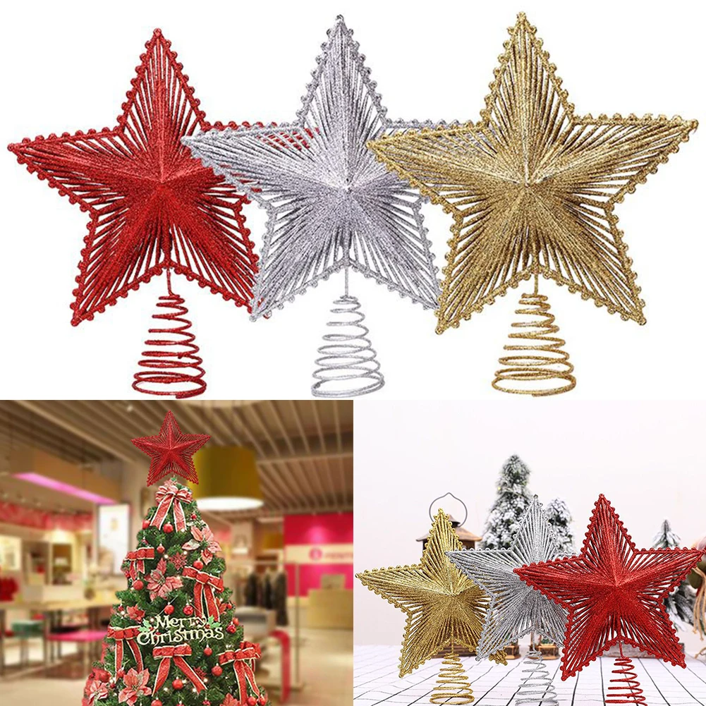 Рождественская елка топпер звезды украшения 2023 сверкающая полая пятиконечная