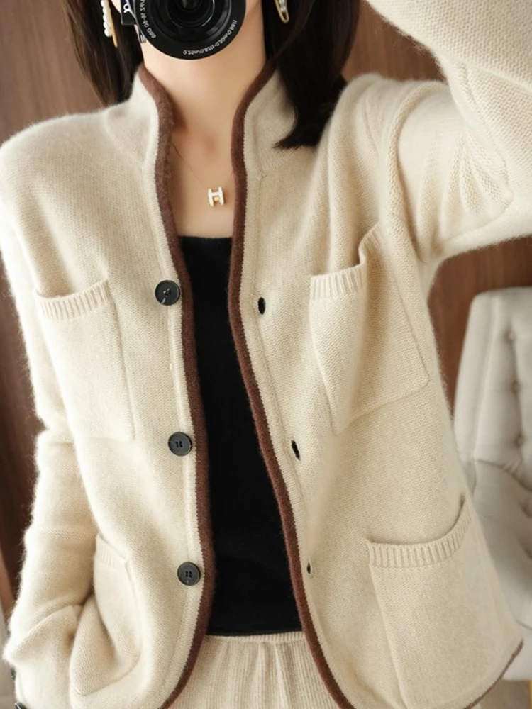 

2023 Autumn Winter Sweater Women Solid Color Stand Collar Casual Tops Korean Fashion Female Jackets White Cardigan Women