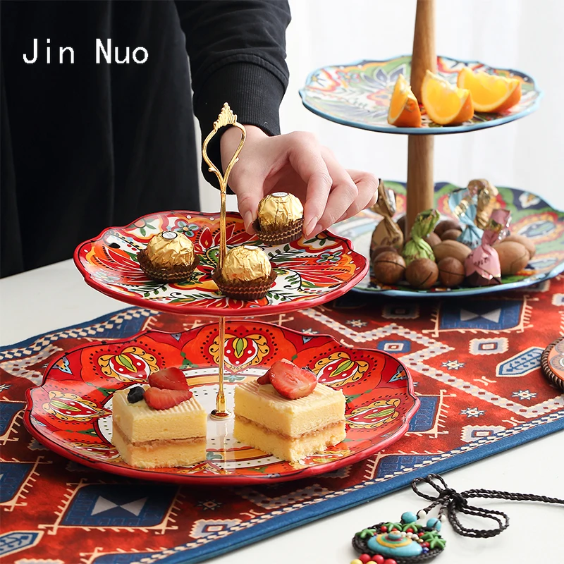 

Bohemian Double Layer Dessert Tray Living Room Coffee Table Fruit Snack Plate Cake Stand Ceramic Trays Decorative Home Decore