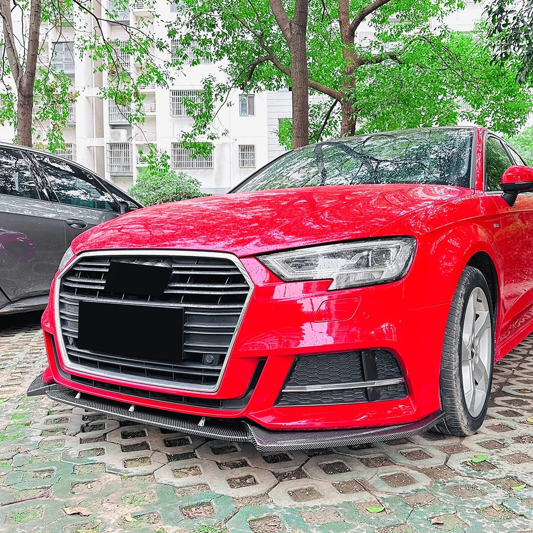 Фото Комплект из 3-х частей: сплиттер-спойлер переднего бампера для Audi A3 S3 8V Facelift 2017-2020, цвет черный глянец, карбон, нижний диффузор, мод-комплект №3