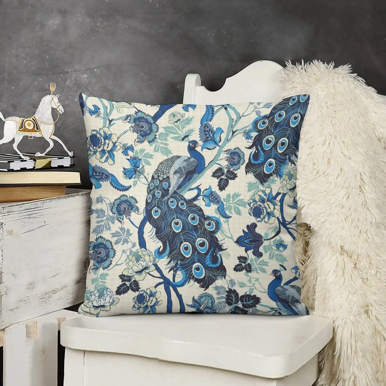Китайская синяя Павлин льняная Подушка винтажная декоративная подушка