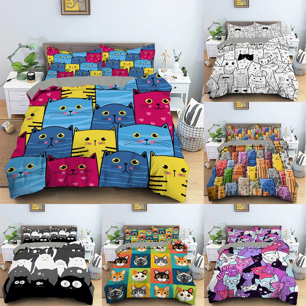 

Bedding Set Cartoon Duvet Cover for Kids Children & Pillowcase Cute Cats Quilt Cover Single Double Bedclothes Home Textile
