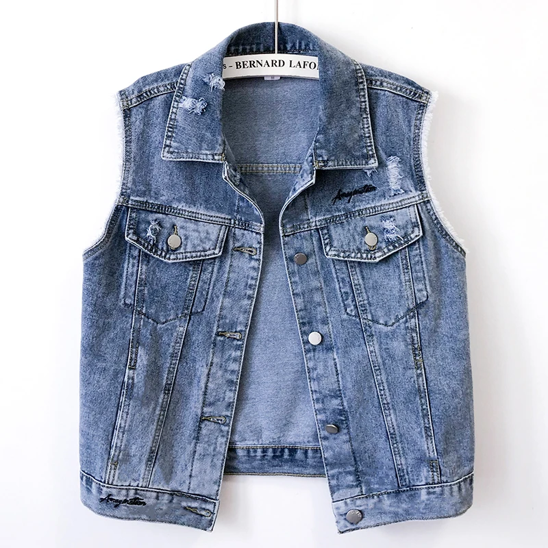 

Frayed Embroidery Big Pocket Denim Vest Women Loose Short Waistcoat Cowboy Sleeveless Jacket Autumn Vintage Jeans Vests Female