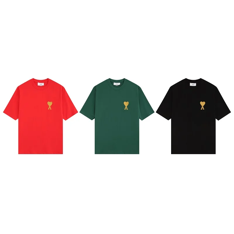 

Топ с круглым вырезом для мужчин и женщин, модная трендовая одежда из чистого хлопка с короткими рукавами и золотистой вышивкой в форме сердца, лето 2023