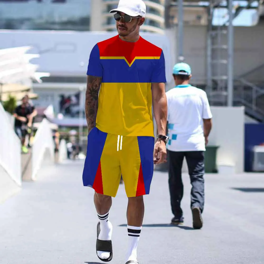 New Brand Men's 3D Printed Summer O Collar Sports Suit Oversized Popular Street Fashion Two-piece Breathable Short Sleeve Shorts