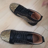 loubuten men gold and black mixed color genuine leather sneakers red bottom shoes rivets mens flats vulcanizar casual shoes