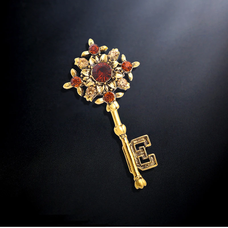 

Vintage Baroque Palace Style Key Brooches Pins For Women Girls Elegant Crystal Retro Suit Coat Badges Buckle Accessories