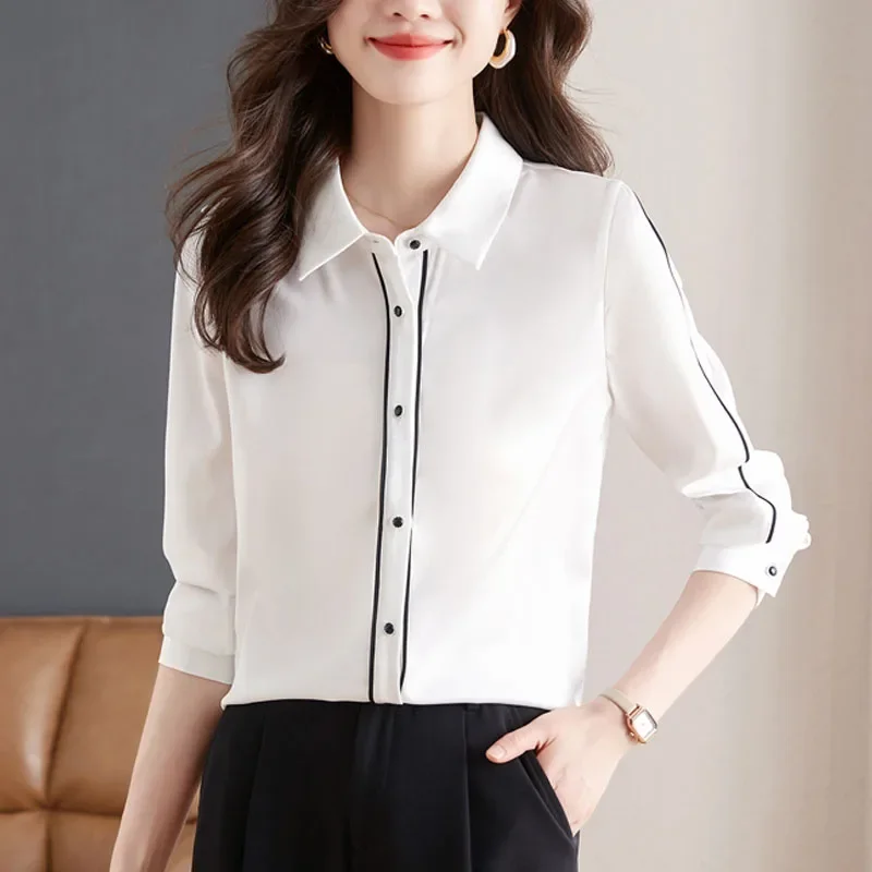 Офисная женская рубашка с длинным рукавом и отложным воротником белая шифоновая