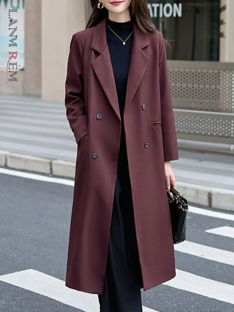 LANMREM длинная ветровка для женщин двубортное пальто с зубчатым воротником и