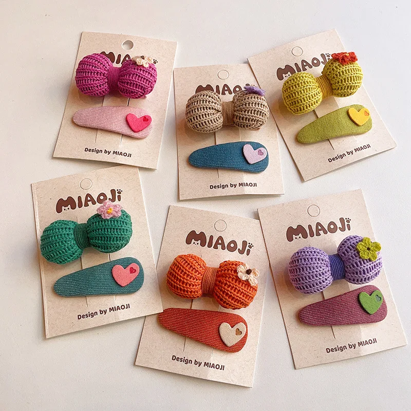 

2PCS Set Autumn Winter Wool Knitting Round Bow Flower Heart Hair Clips For Girl Cute Gentle Sweet Hairpin Fashion Accessories
