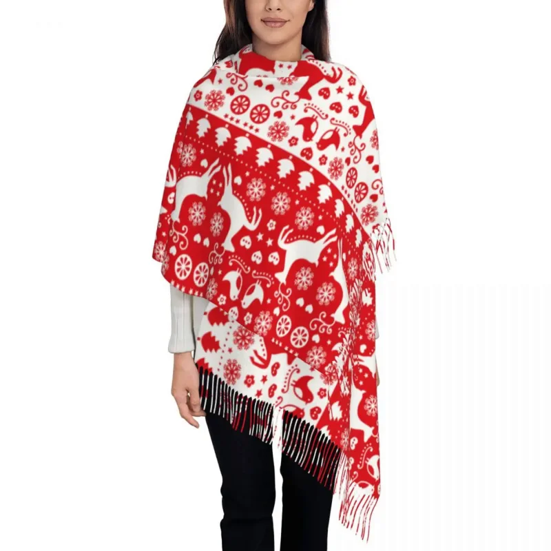 

Women's Scarf with Tassel Red Christmas Reindeer Large Soft Warm Shawl Wrap New Year Ugly Sweater Pattern Gifts Pashmina Scarves
