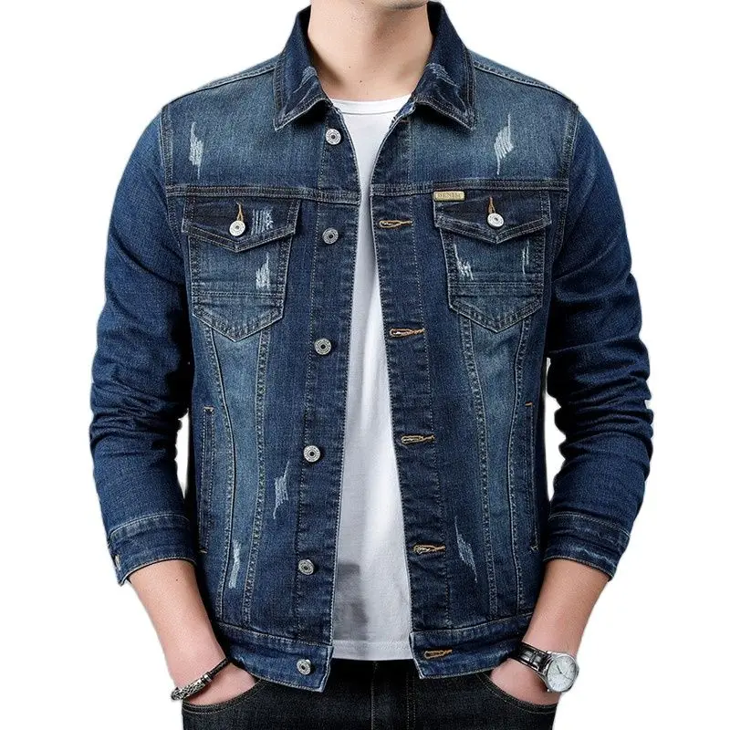 

Мужская джинсовая куртка с отложным воротником, синяя классическая потертая повседневная куртка, мотоциклетная куртка, красивые трендовые...