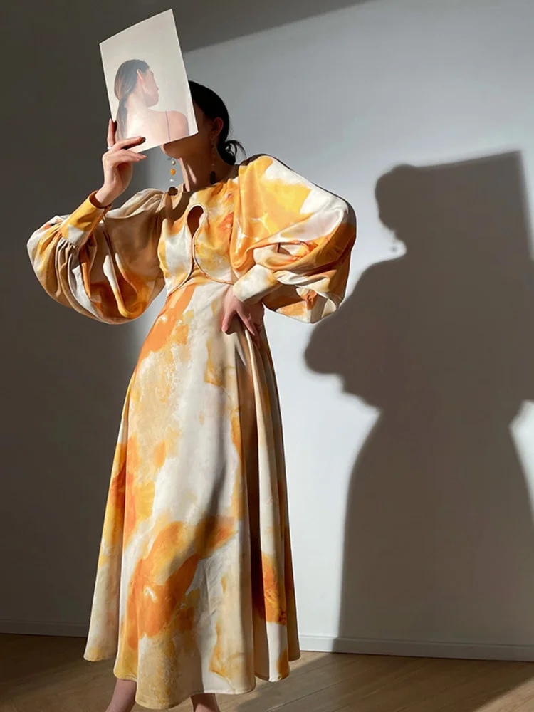 

Hollow Out Elegant Dresses For Women Summer New Print Design Full Sleeve Casual Midi Dress Female Clothing2023
