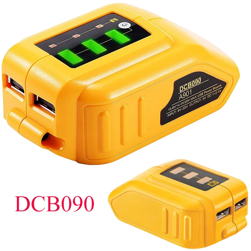 Фото Адаптер DCB090 для Dewalt 14,4 В 18 В 20 В, преобразователь литий-ионной батареи, адаптер для зарядки, источник питания, двойной USB-конвертер для Dewalt №1