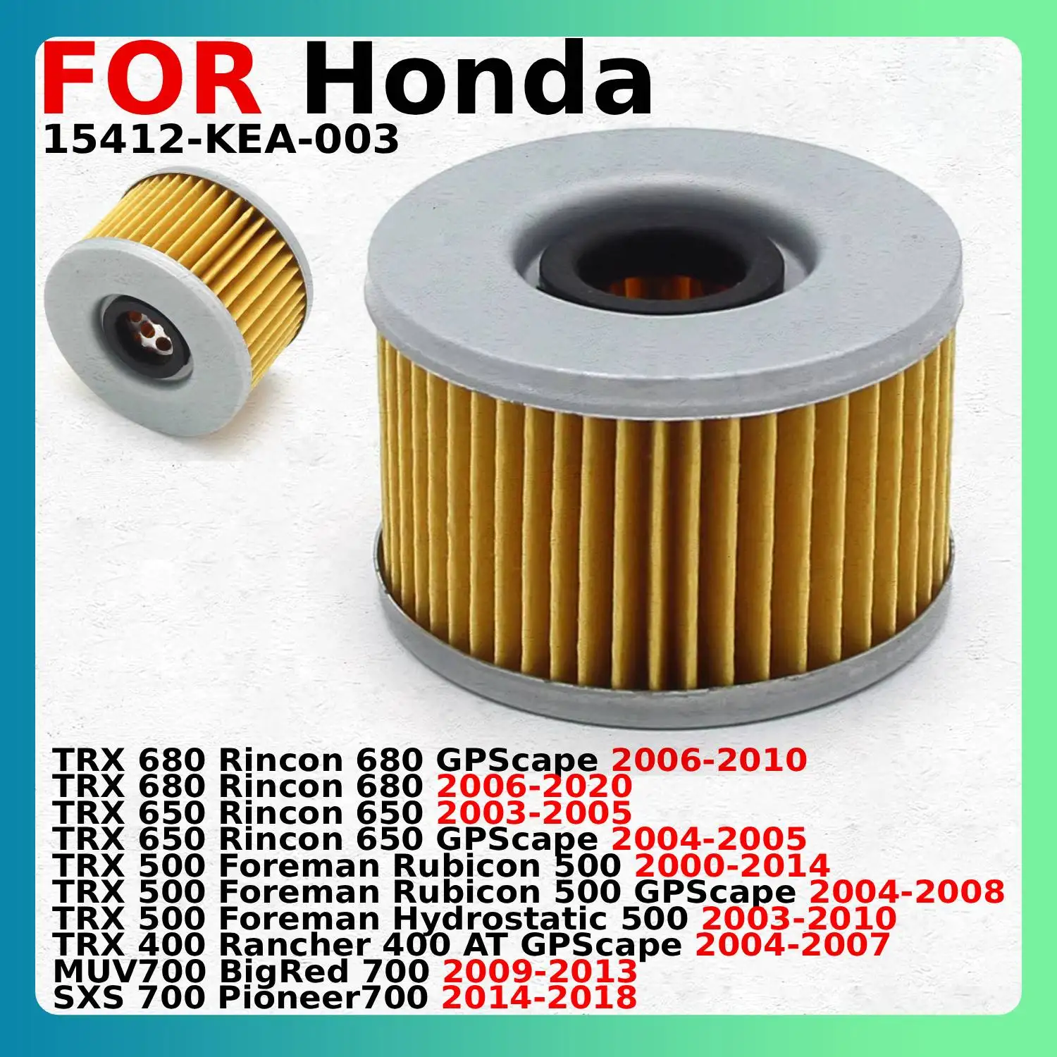

Масляный фильтр для квадроциклов Honda TRX 680, 650 Rincon, GPScape 500, Foreman Hydrostatic 400, Rancher, MUV700, BigRed, SXS, Pioneer 15412-KEA-003