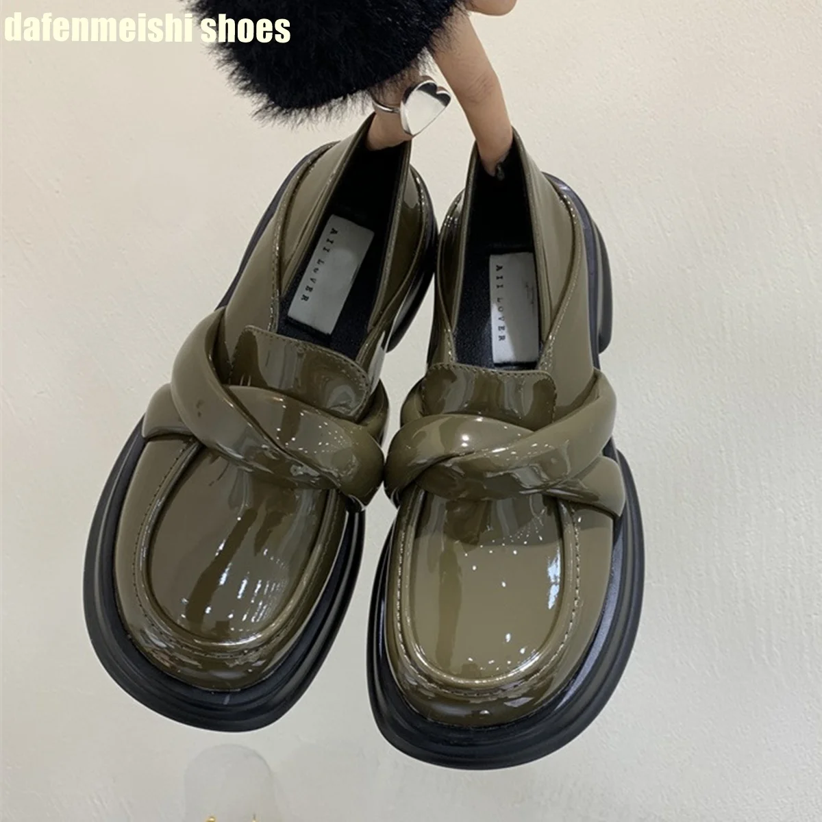 

Thick-Soled Loafers Spring Autumn Women Shoes Cross Strap Slip On 2023 New Fashion Round Toe Black/armygreen Leather Shoes