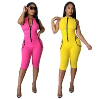 gl6568 ladies jumpsuit summer womens solid color stand collar zipper pocket pleated sports jumpsuit women