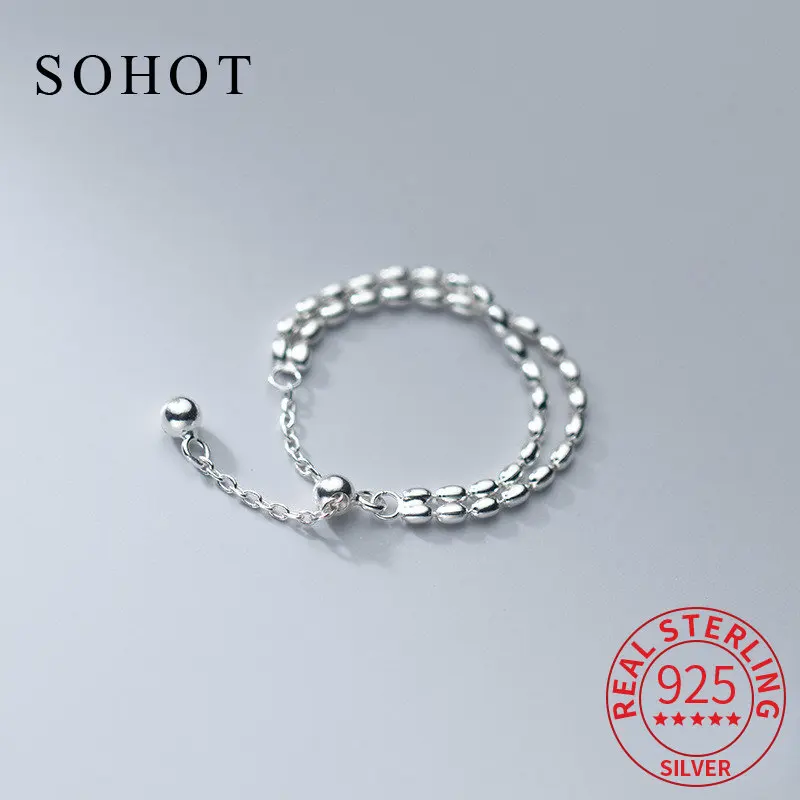 

Fashion 925 Sterling Silver Chain Bead Geometric Adjustable Ring For Charming Women Party Fine Jewelry Punk Accessories