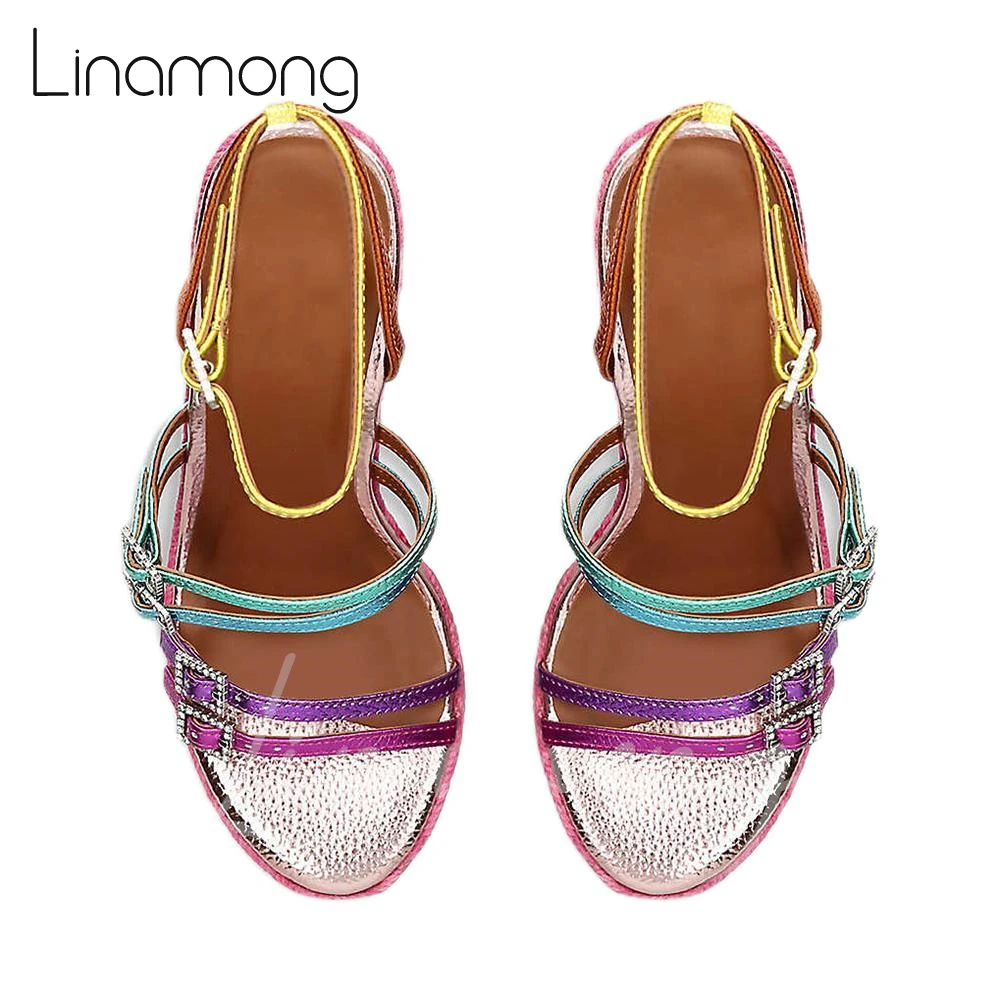 Rainbow Print Espadrille Wedges Genuine Leather Buckle Sandals Mixed Color Rhinestone Bling Bling High Heels Women Summer Shoes