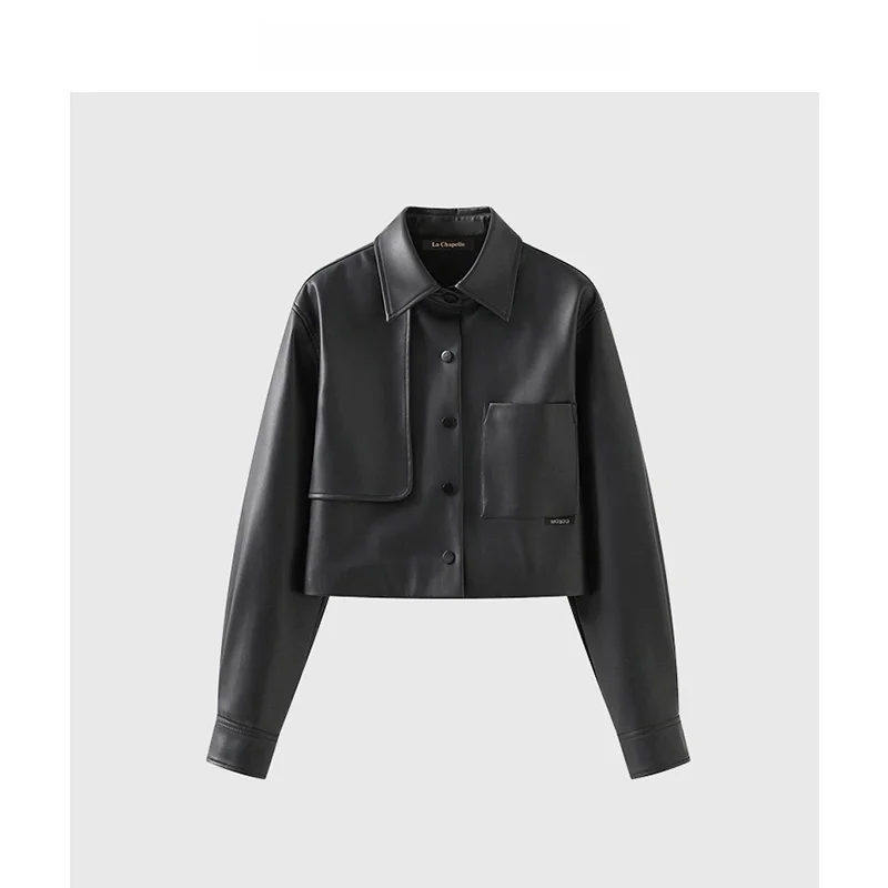 La Chapelle Light Luxury Retro Sle Короткое черное кожаное пальто Женская удобная куртка Overfit