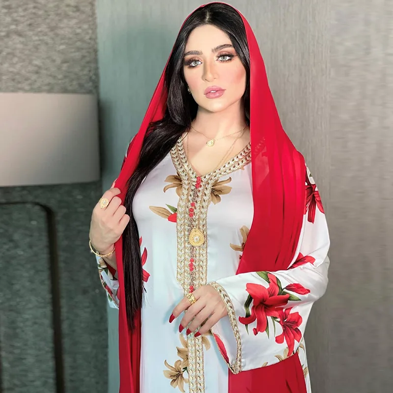Dubai Abayas Party Dress Fashion Muslim Women's Hijab Robe Set Elegant Satin Printed Loose Kaftan Morocco Gowns Ramadan Clothing