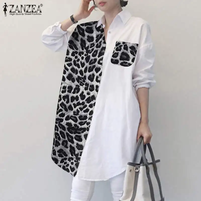 

Fashion Casual Leopard Printed Shirts Women Blouse 2022 ZANZEA Vintage OL Long Sleeve Tops Tunic Loose Oversized Blusa Chemise 7