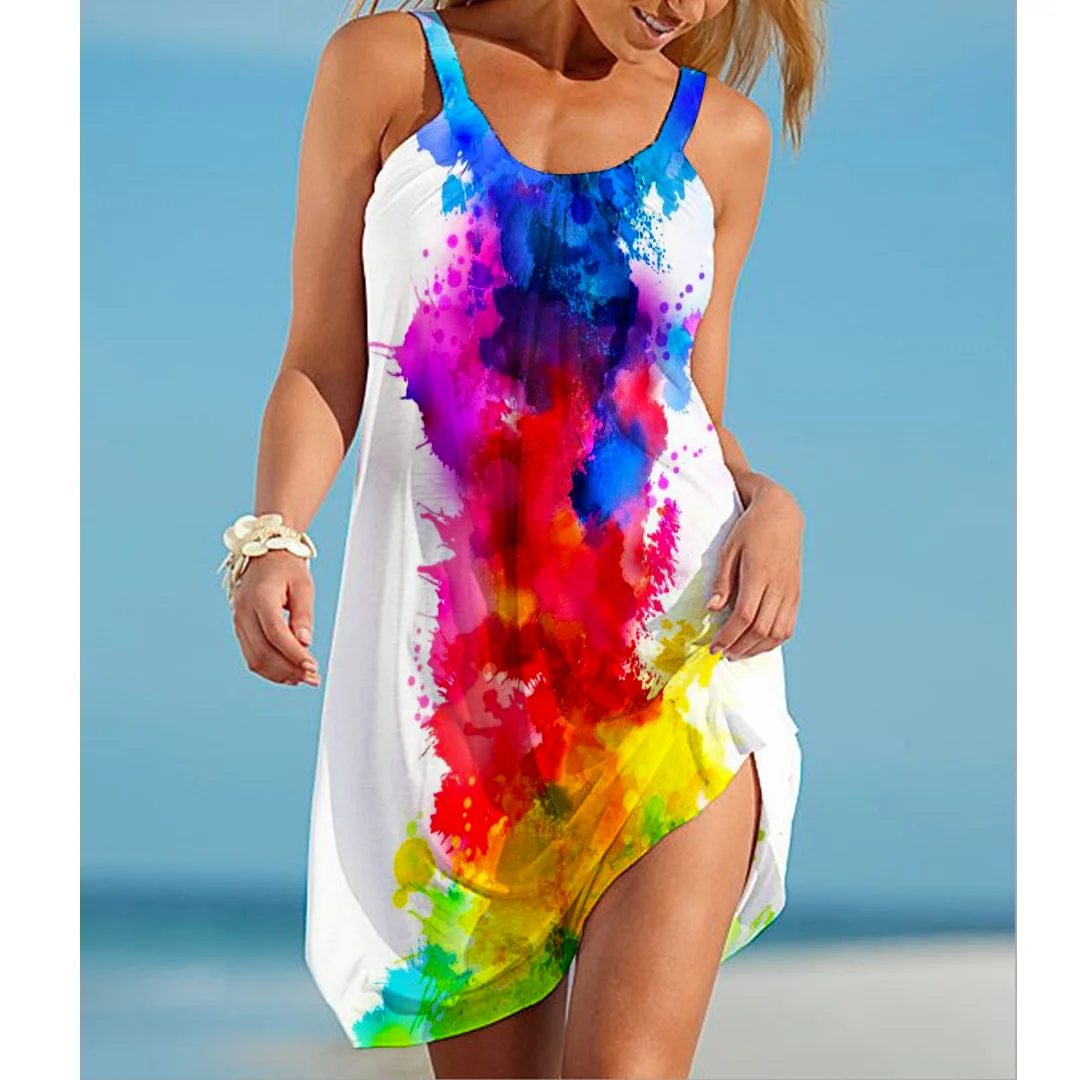 

2022 NEW Summer party Tie Dye Print Dress Beach Dress Summer Women Halter Belt Sleeveless Sexy Women's clothing