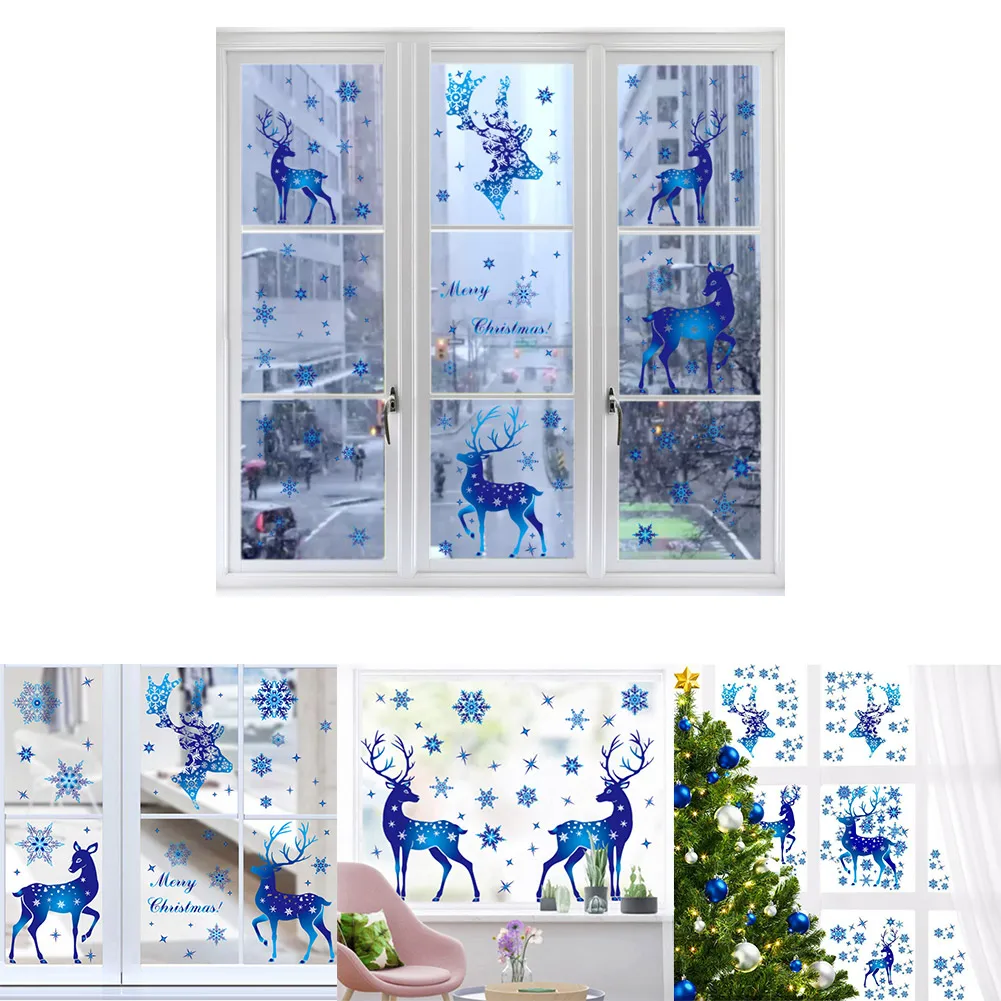 

1 Set Brand New Decorate Sticker Vinyl Art Glass Sticker Glue-free PVC Removable Blue Reindeer Christmas Decor
