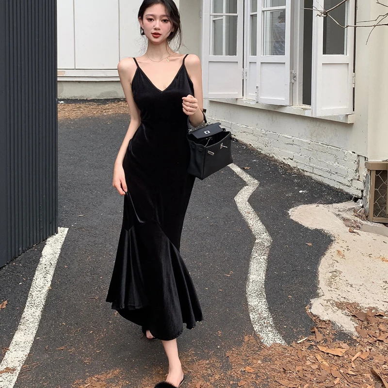 

Осеннее бархатное черное платье для женщин, новый стиль, длинное платье с высокой талией, соблазнительные облегающие вечерние платья без ру...