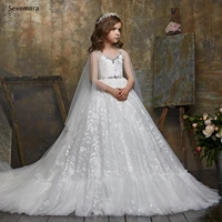ivory white tulle lace girls first communion dress with cape v neck beaded waisted ball gown flower girl dress party gown