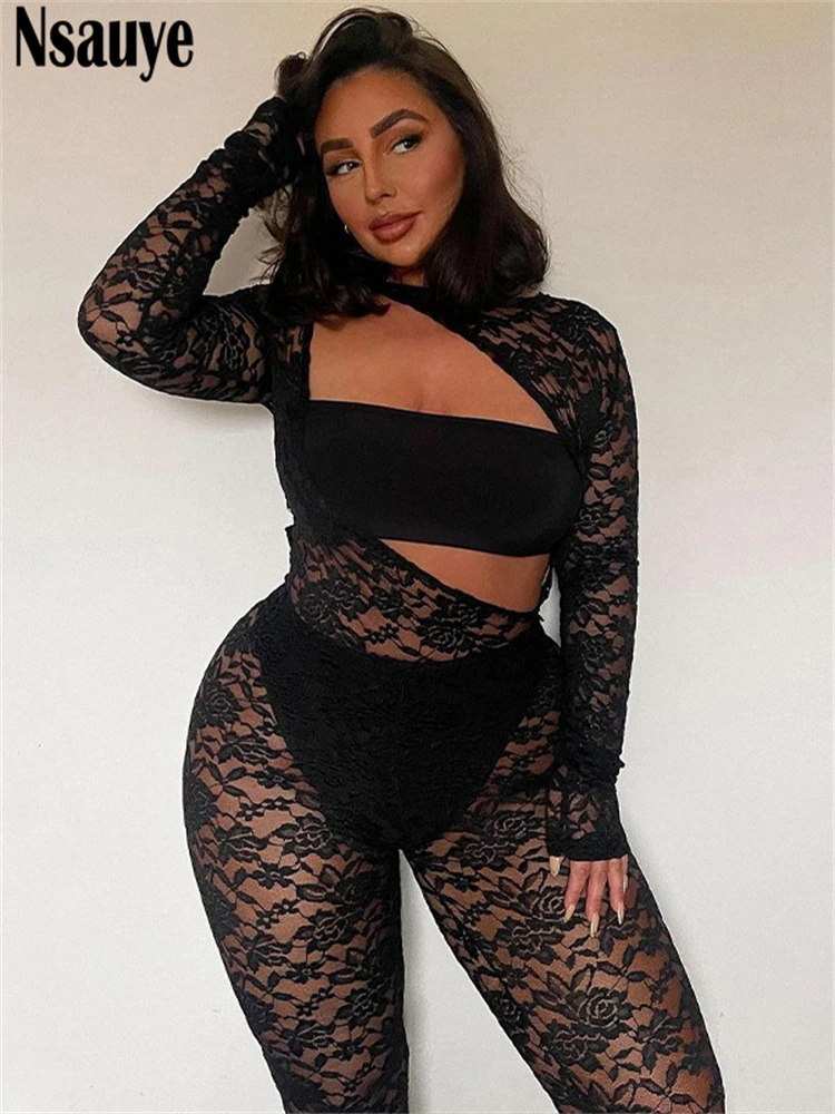

Nsauye модные летние 2023 Y2K уличная одежда цельные облегающие Комбинезоны женские кружевные прозрачные комбинезоны с коротким рукавом сексуал...