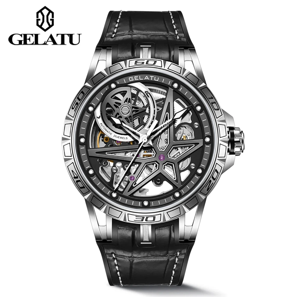 Фото Мужские часы GELATU 6009 TOP Brand, скелетон, автоматический механический механизм, кожаный ремешок №1