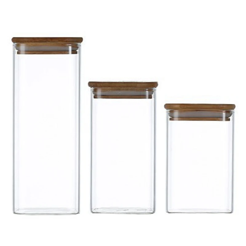 

3Pcs Square Glass Sealed Jar Food Dry Fruit Storage Box Tea Miscellaneous Grain Kitchen Glass Bottle Bamboo Lid Seal