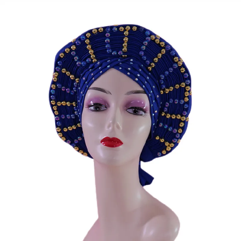 

Blue Newest Fashion Aso Oke Gele Headties With Beads And Stones High Quality African Women Headtie for Party D505-1