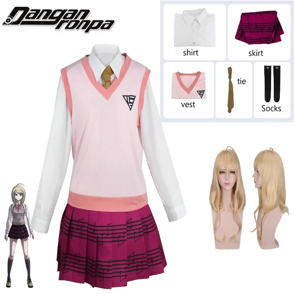 Игра Danganronpa Kaede Akamatsu Косплей Костюм Парик Женская Рубашка Жилет Юбка Носки