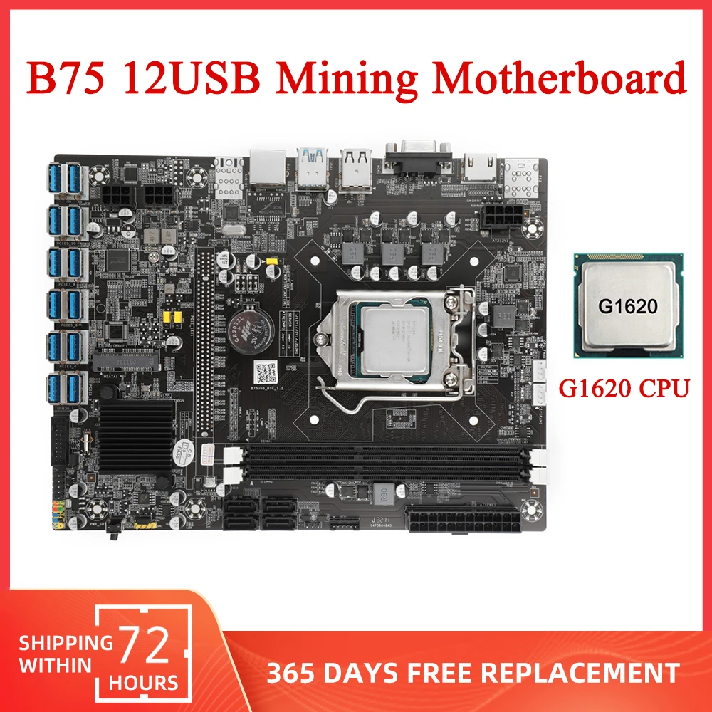 

B75 Mining Motherboard 12 USB 3.0 G1620 CPU LGA 1155 DDR3 MSATA Support 12 Graphics Cards BTC Bitcoin ETH Ethereum Miner