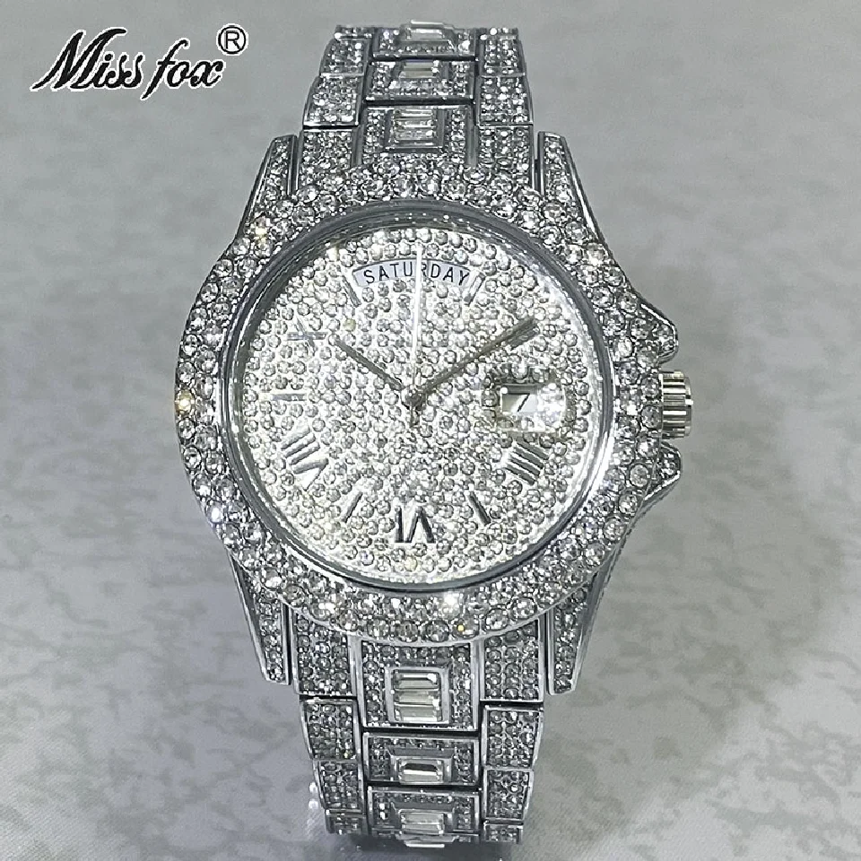 

Famous Brand Sliver Watches Men Luxury Full Iced Out Diamond Fashion Smart Wristwatch Auto Date Week Quartz sports AAA Clock Hot