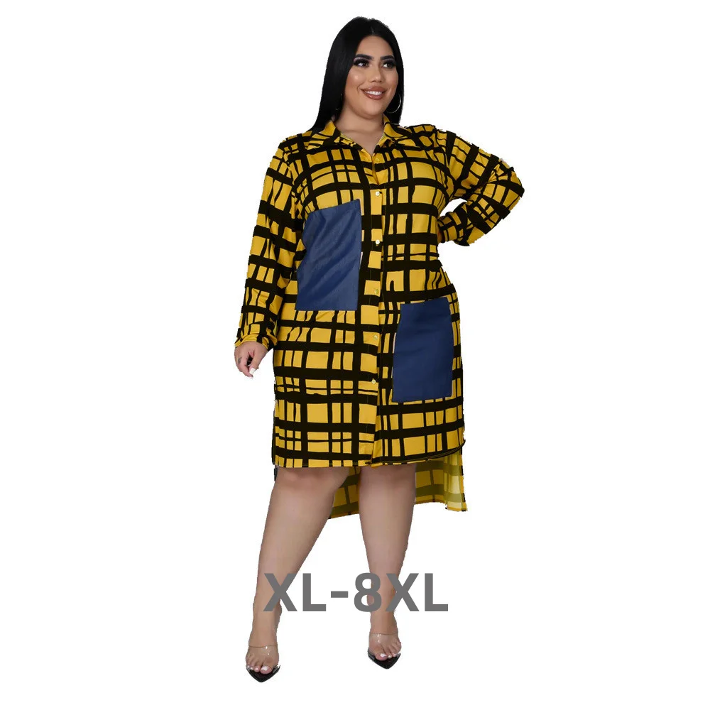 Plus Size New Dresses Women Wholesale Buttons Casual Long Sleeve Loose Office Lady Plaid Shirt Midi Dres 3xl 4xl 5xl 6xl