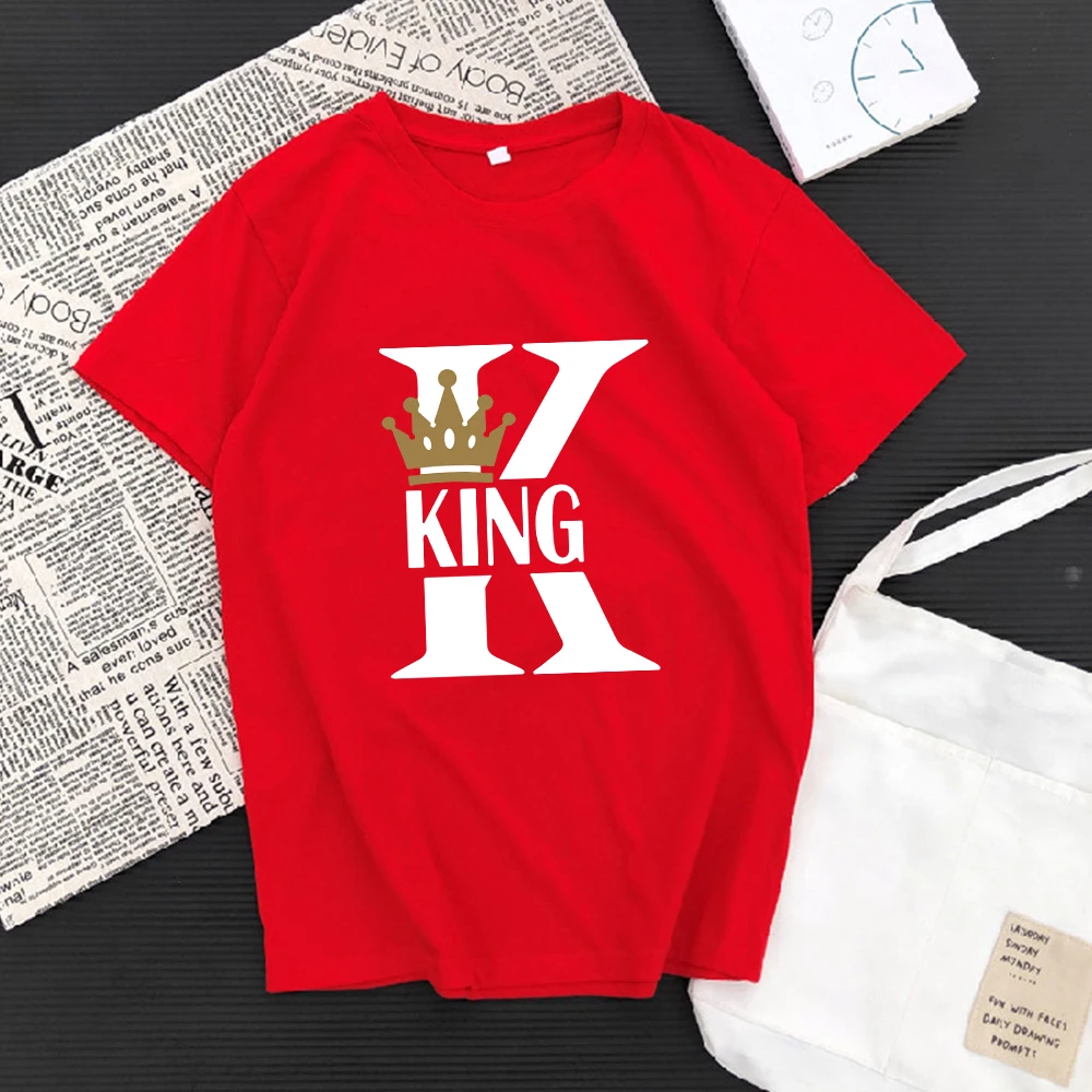 

Летняя футболка для мужчин и женщин, хлопковая Футболка с принтом пары король и королева, футболки с коротким рукавом, повседневная одежда, ...