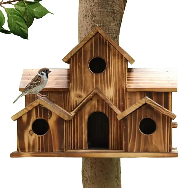 

Bird House Hanging Wooden Hummingbird House Nest For Outside 6 Holes Handmade Natural Birdhouse Outdoor Hummingbird Shelter