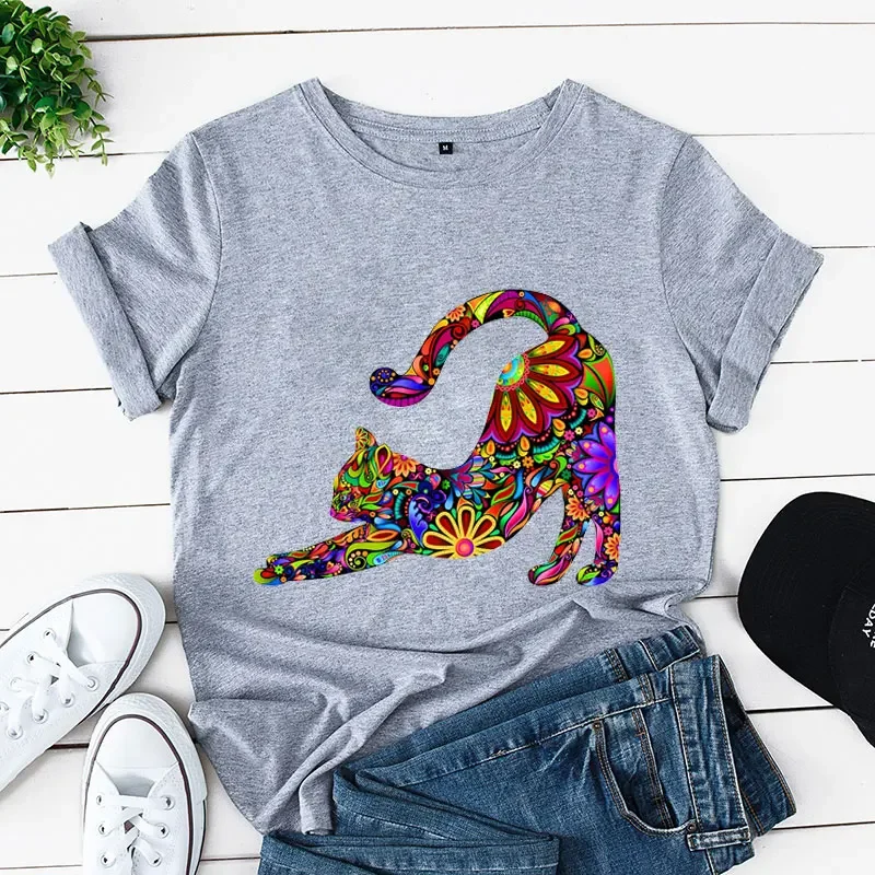 

Clothes Women Tee Top Tshirt Fashion Psychedelic Cat Summer Casual T-shirt Female Clothes Short Sleeve Cartoon T Graphic T-shirt