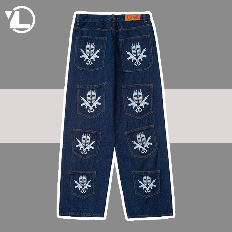 

Skull Gun Embroidery Jeans Men Retro Spliced Ripped Straight Loose Denim Pants Hip Hop Oversized Washed Casual Couple Trousers