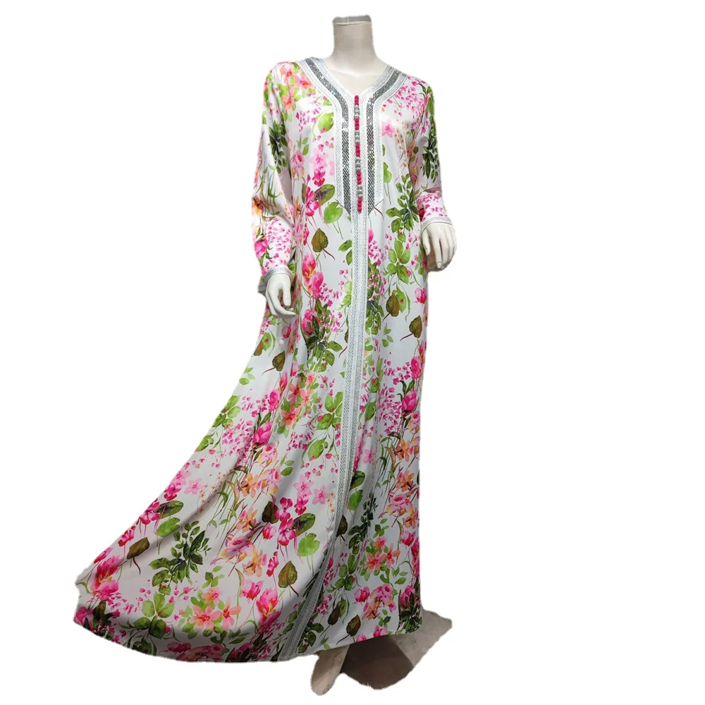 Fashion Floral Print Muslim Dress Women Dubai Arab Abaya Dubai Arabic Turkey Moroccon Kaftan Islamic Clothing India Gown Robe