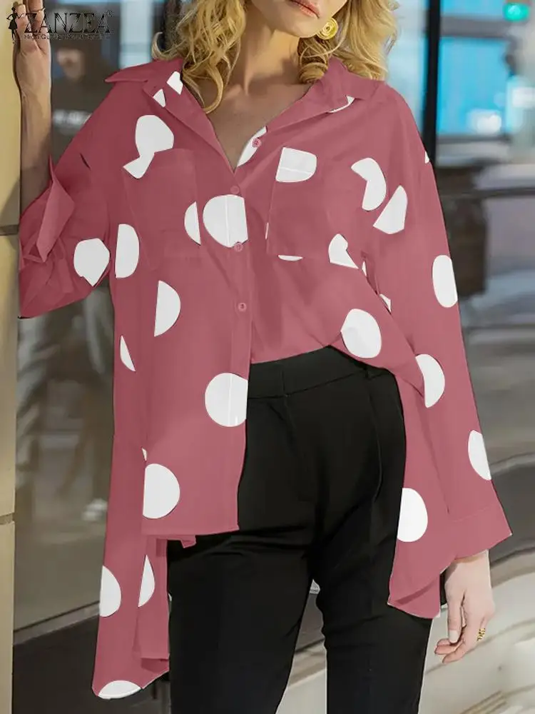 Женская рубашка ZANZEA 2024 осенняя модная блузка в горошек с принтом элегантные