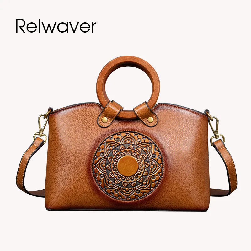 

Relwaver genuine leather women bag vintage totem embossing round wooden handle handbag cow leather Chinese style shoulder bag