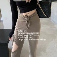 summer hot casual pants womens high waist invisible open seat pant outdoor sex convenient pant slim hollow out bell bottom pant
