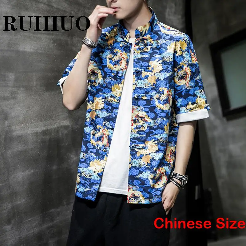 

RUIHUO Dragon Printed Short Sleeve Mens Shirts and Blouses Vintage Shirt Men Clothings Japanese Fashion Men's Clothing 5XL 2023