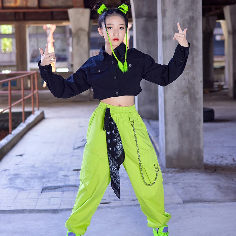 

Hip Hop Dance Costumes For Kids Black Crop Tops Green Loose Pants Kpop Clothing For Girls Hip Hop Dance Performance Wear DN13769